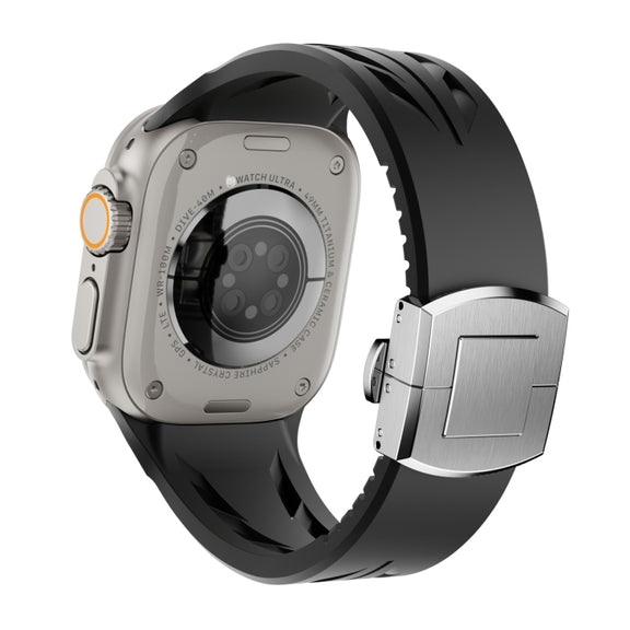 For Apple Watch 44mm / 45mm / 46mm / 49mm Tailor Stainless Steel Silver Butterfly Buckle Silicone Watch Band(Black)