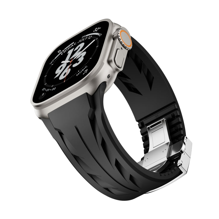For Apple Watch 44mm / 45mm / 46mm / 49mm Tailor Stainless Steel Silver Butterfly Buckle Silicone Watch Band(Black)