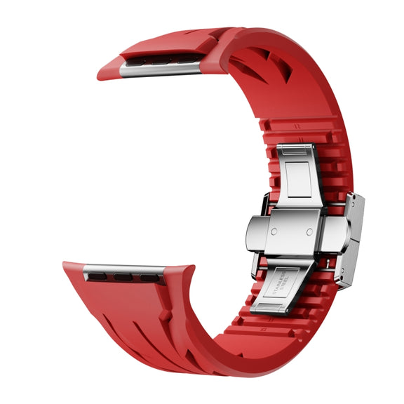 For Apple Watch 44mm / 45mm / 46mm / 49mm Tailor Stainless Steel Silver Butterfly Buckle Silicone Watch Band(Red)