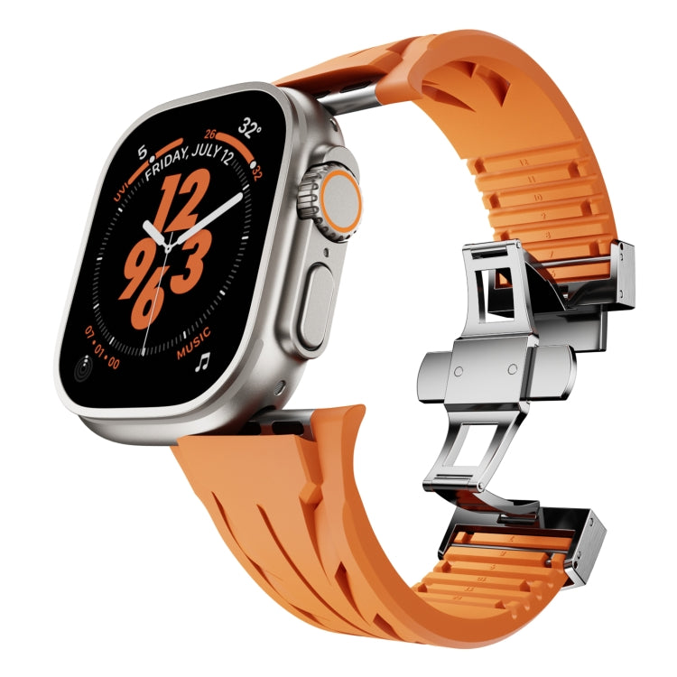 For Apple Watch 44mm / 45mm / 46mm / 49mm Tailor Stainless Steel Silver Butterfly Buckle Silicone Watch Band(White)