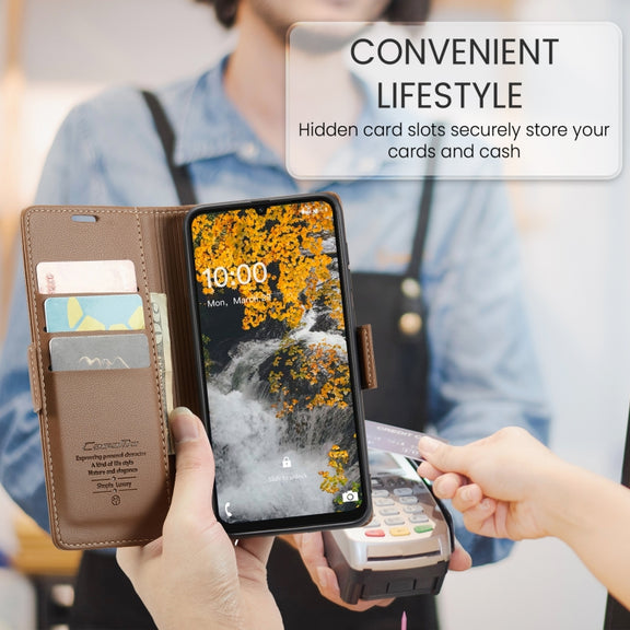 For Samsung Galaxy A06 CaseMe 023 Butterfly Buckle Litchi Texture RFID Anti-theft Leather Phone Case(Brown)