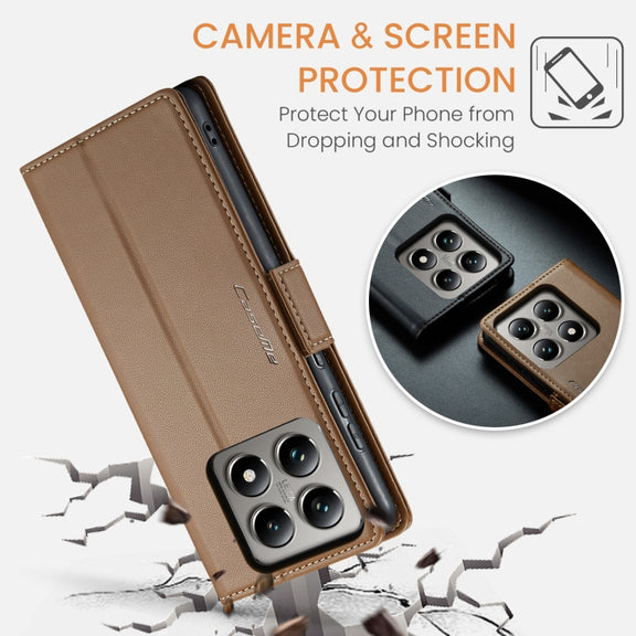 For Xiaomi 14T Pro CaseMe 023 Butterfly Buckle Litchi Texture RFID Anti-theft Leather Phone Case(Brown)