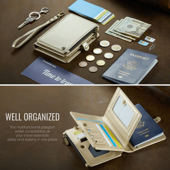 CaseMe-Me60 Multi-functional Anti-theft Swipe Passport Wallet(Gold)