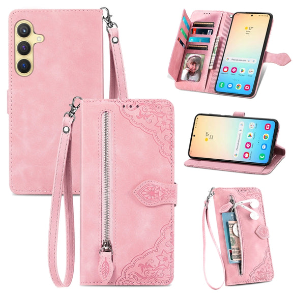 For Samsung Galaxy S25 5G Embossed Flower Zipper Leather Phone Case(Pink)