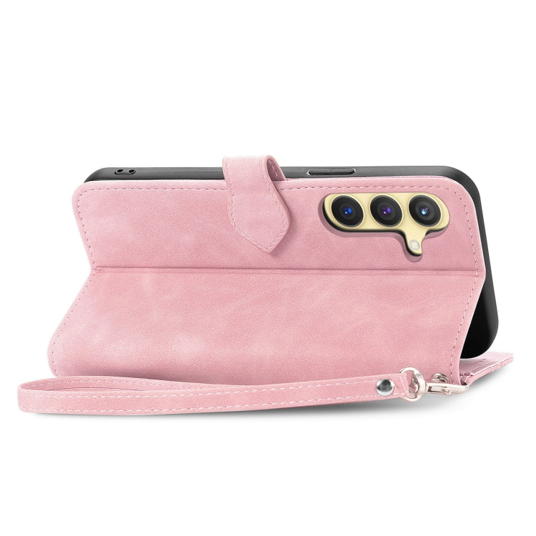 For Samsung Galaxy S25 5G Embossed Flower Zipper Leather Phone Case(Pink)