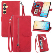 For Samsung Galaxy S25 5G Embossed Flower Zipper Leather Phone Case(Red)