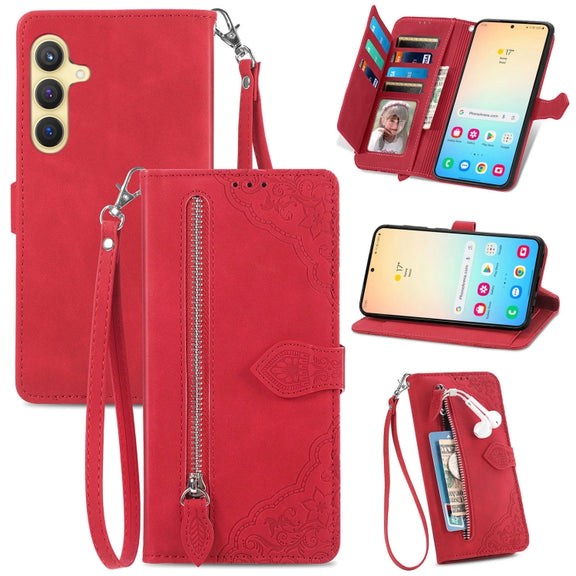 For Samsung Galaxy S25 5G Embossed Flower Zipper Leather Phone Case(Red)