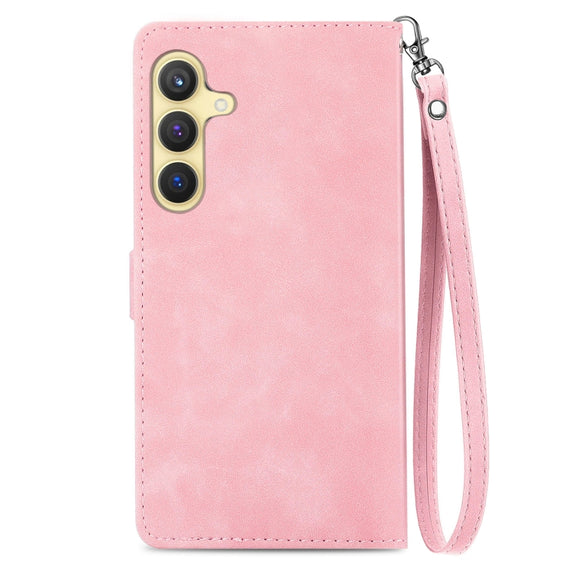 For Samsung Galaxy S25+ 5G Embossed Flower Zipper Leather Phone Case(Pink)