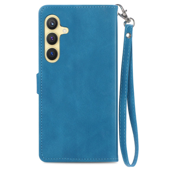 For Samsung Galaxy S25+ 5G Embossed Flower Zipper Leather Phone Case(Blue)