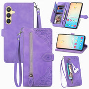 For Samsung Galaxy S25+ 5G Embossed Flower Zipper Leather Phone Case(Purple)