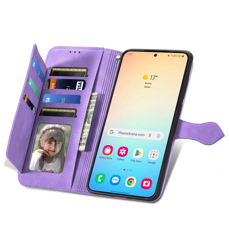 For Samsung Galaxy S25+ 5G Embossed Flower Zipper Leather Phone Case(Purple)