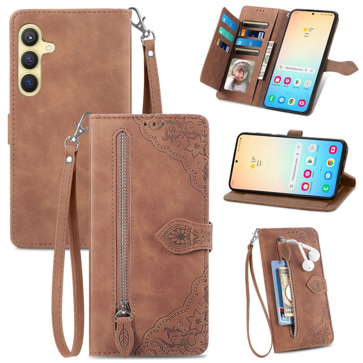 For Samsung Galaxy S25+ 5G Embossed Flower Zipper Leather Phone Case(Brown) - Galaxy S25+ 5G Cases by PMC TechLife | Online Shopping South Africa | PMC TechLife | Buy Now Pay Later Mobicred