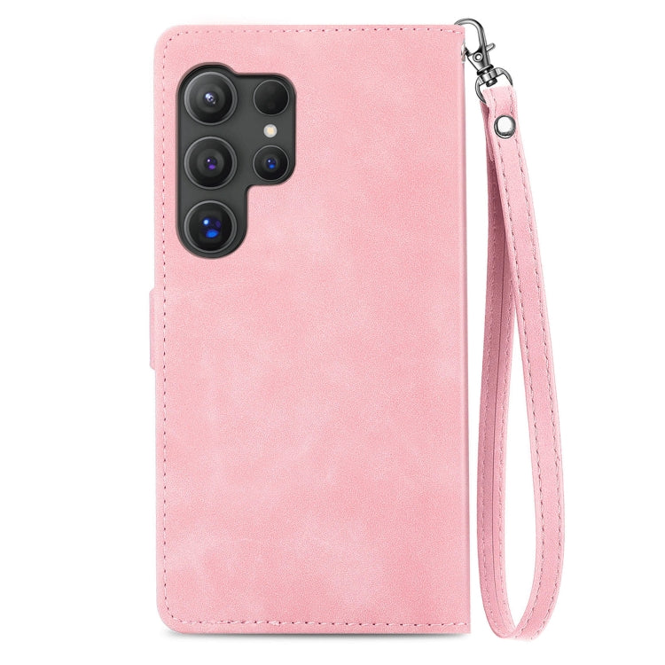 For Samsung Galaxy S25 Ultra 5G Embossed Flower Zipper Leather Phone Case(Pink)