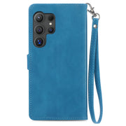 For Samsung Galaxy S25 Ultra 5G Embossed Flower Zipper Leather Phone Case(Blue)