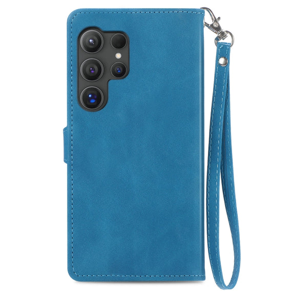 For Samsung Galaxy S25 Ultra 5G Embossed Flower Zipper Leather Phone Case(Blue)