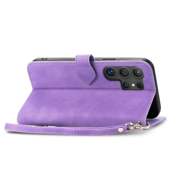 For Samsung Galaxy S25 Ultra 5G Embossed Flower Zipper Leather Phone Case(Purple)