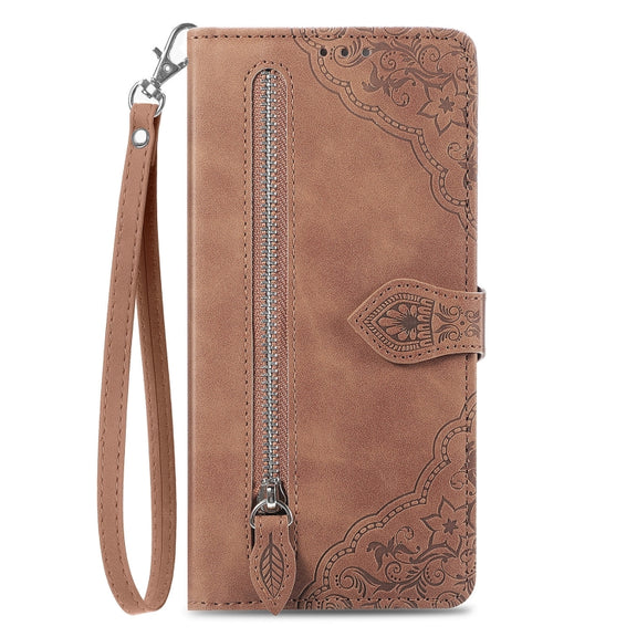 For Samsung Galaxy S25 Ultra 5G Embossed Flower Zipper Leather Phone Case(Brown)