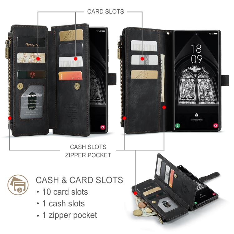 For Samsung Galaxy S25 Ultra 5G CaseMe C30 Card Slots Zipper Wallet Leather Phone Case(Black) - free shipping - PMC TechLife - Order now!
