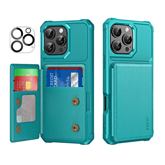 For iPhone 16 Pro ENKAY Hat-Prince Card Slot Wallet TPU Back Leather Phone Case with Lens Film(Cyan)