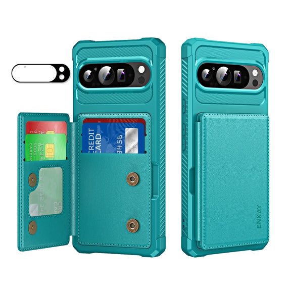 For Google Pixel 9 / 9 Pro ENKAY Hat-Prince Card Slot Wallet TPU Back Leather Phone Case with Lens Film(Cyan)