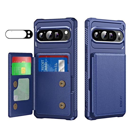 For Google Pixel 9 Pro XL ENKAY Hat-Prince Card Slot Wallet TPU Back Leather Phone Case with Lens Film(Dark Blue)