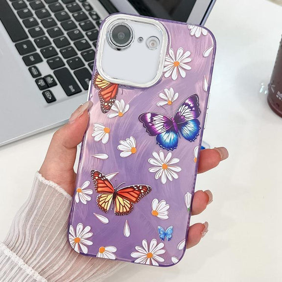 For iPhone 16e Plating Texture Butterfly TPU Phone Case with Glitter Lens Film(Daisy Butterflies HU2)