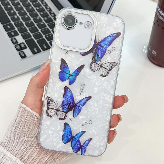 For iPhone 16e Plating Texture Butterfly TPU Phone Case with Glitter Lens Film(Blue Butterflies HU3)