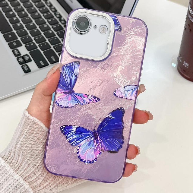 For iPhone 16e Plating Texture Butterfly TPU Phone Case with Glitter Lens Film(Purple Butterflies HU4)