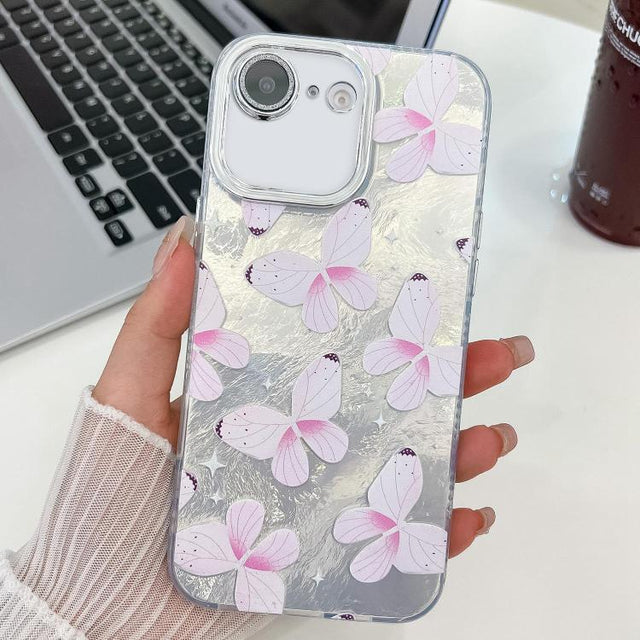For iPhone 16e Plating Texture Butterfly TPU Phone Case with Glitter Lens Film(Pink Butterflies HU5)