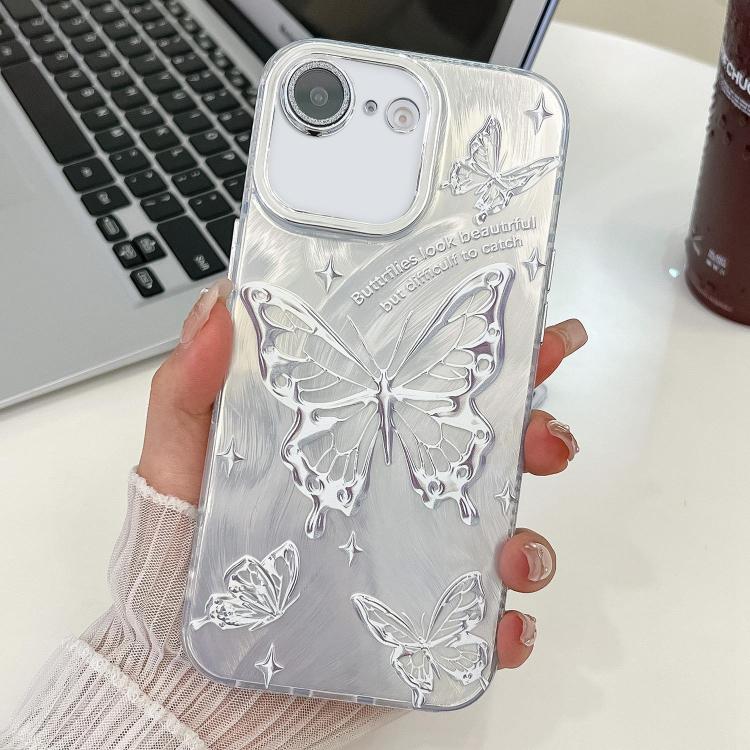 For iPhone 16e Plating Texture Butterfly TPU Phone Case with Glitter Lens Film(Silver Butterflies HU6) - free shipping - PMC TechLife - Order now!