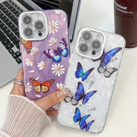For iPhone 16e Plating Texture Butterfly TPU Phone Case with Glitter Lens Film(Flowers Butterflies HU1)