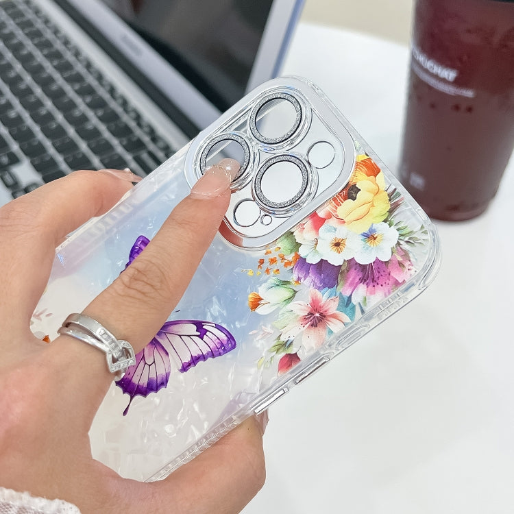 For iPhone 16e Plating Texture Butterfly TPU Phone Case with Glitter Lens Film(Flowers Butterflies HU1)