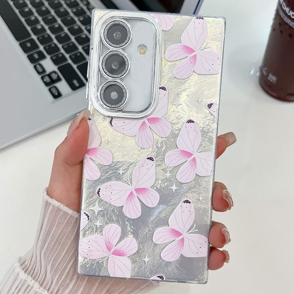 For Samsung Galaxy S25+ 5G Plating Texture Butterfly TPU Phone Case with Glitter Lens Film(Pink Butterflies HU5)