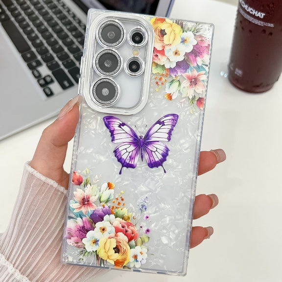 For Samsung Galaxy S25 Ultra 5G Plating Texture Butterfly TPU Phone Case with Glitter Lens Film(Flowers Butterflies HU1)
