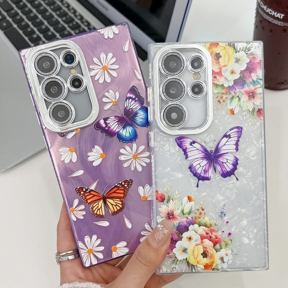 For Samsung Galaxy S25 Ultra 5G Plating Texture Butterfly TPU Phone Case with Glitter Lens Film(Flowers Butterflies HU1)
