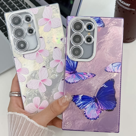 For Samsung Galaxy S25 Ultra 5G Plating Texture Butterfly TPU Phone Case with Glitter Lens Film(Flowers Butterflies HU1)