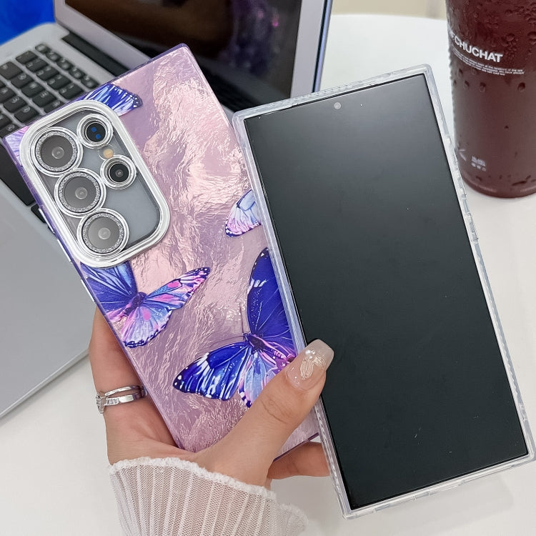 For Samsung Galaxy S25 Ultra 5G Plating Texture Butterfly TPU Phone Case with Glitter Lens Film(Flowers Butterflies HU1)