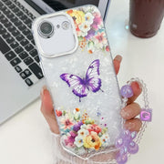 For iPhone 16e Plating Texture Butterfly Wristband TPU Phone Case with Glitter Lens Film(Flowers Butterflies HU1)