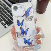 For iPhone 16e Plating Texture Butterfly Wristband TPU Phone Case with Glitter Lens Film(Blue Butterflies HU3)