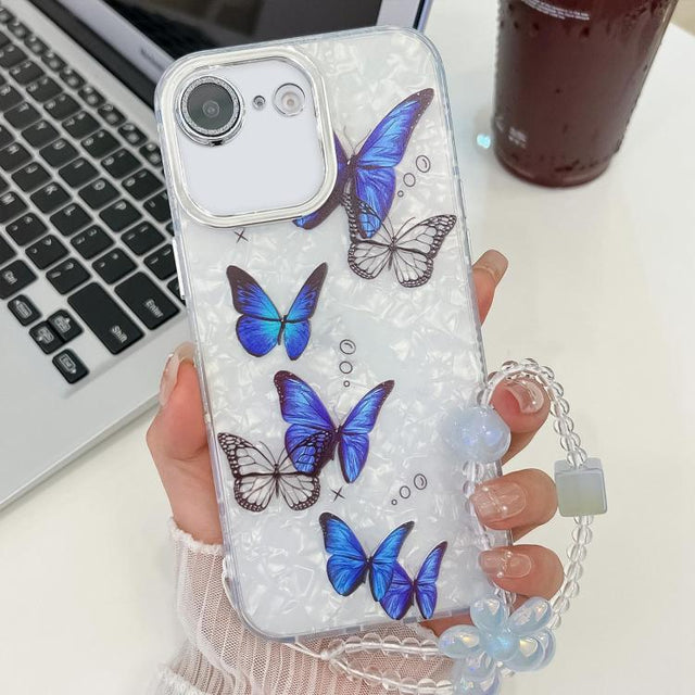 For iPhone 16e Plating Texture Butterfly Wristband TPU Phone Case with Glitter Lens Film(Blue Butterflies HU3)