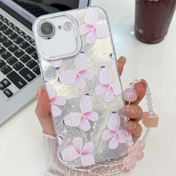 For iPhone 16e Plating Texture Butterfly Wristband TPU Phone Case with Glitter Lens Film(Pink Butterflies HU5)