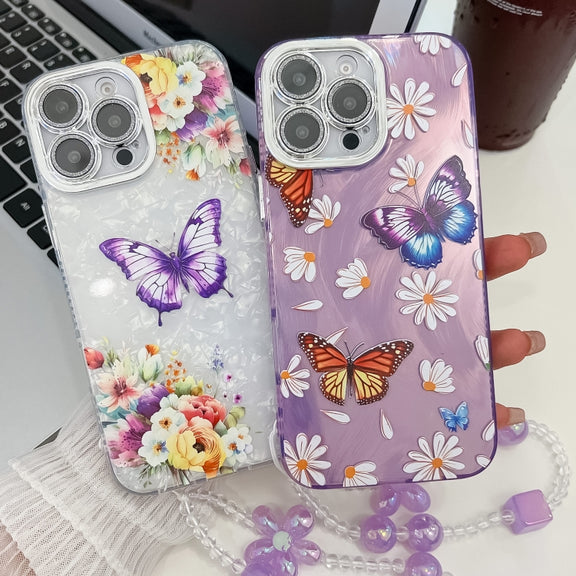 For iPhone 16e Plating Texture Butterfly Wristband TPU Phone Case with Glitter Lens Film(Daisy Butterflies HU2)