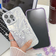 For iPhone 16e Plating Texture Butterfly Wristband TPU Phone Case with Glitter Lens Film(Blue Butterflies HU3)