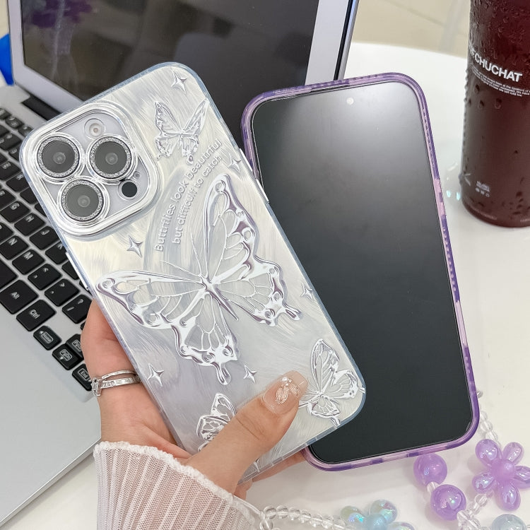 For iPhone 16e Plating Texture Butterfly Wristband TPU Phone Case with Glitter Lens Film(Blue Butterflies HU3)