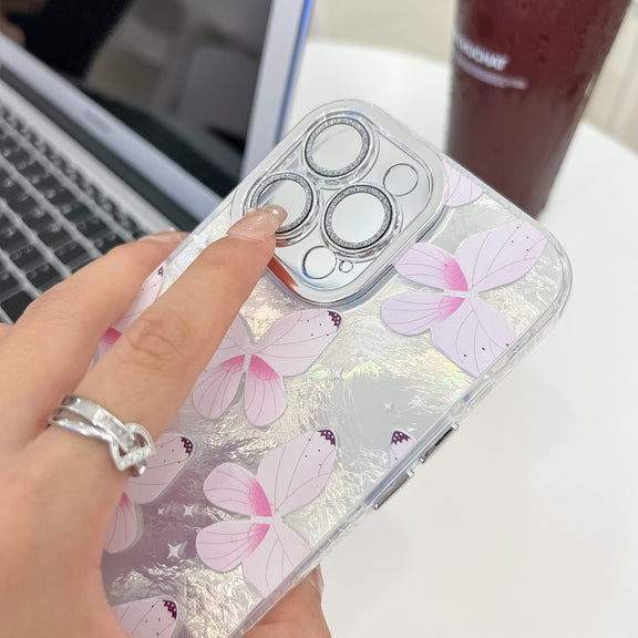 For iPhone 16e Plating Texture Butterfly Wristband TPU Phone Case with Glitter Lens Film(Blue Butterflies HU3)