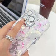 For iPhone 16e Plating Texture Butterfly Wristband TPU Phone Case with Glitter Lens Film(Flowers Butterflies HU1)