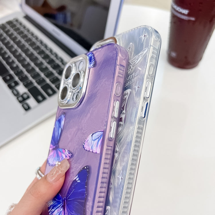 For iPhone 16e Plating Texture Butterfly Wristband TPU Phone Case with Glitter Lens Film(Blue Butterflies HU3)