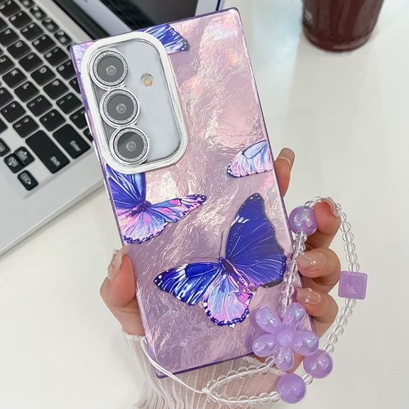 For Samsung Galaxy S25 5G Plating Texture Butterfly Wristband TPU Phone Case with Glitter Lens Film(Purple Butterflies HU4)