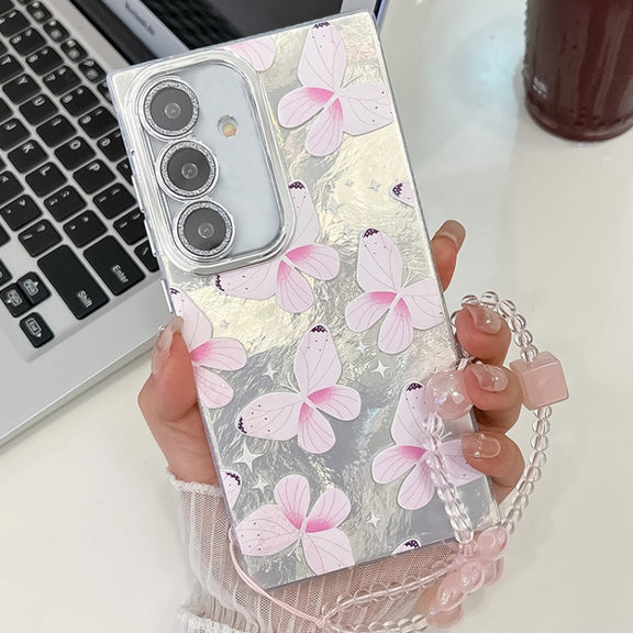 For Samsung Galaxy S25+ 5G Plating Texture Butterfly Wristband TPU Phone Case with Glitter Lens Film(Pink Butterflies HU5)