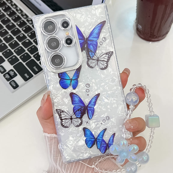 For Samsung Galaxy S25 Ultra 5G Plating Texture Butterfly Wristband TPU Phone Case with Glitter Lens Film(Blue Butterflies HU3)